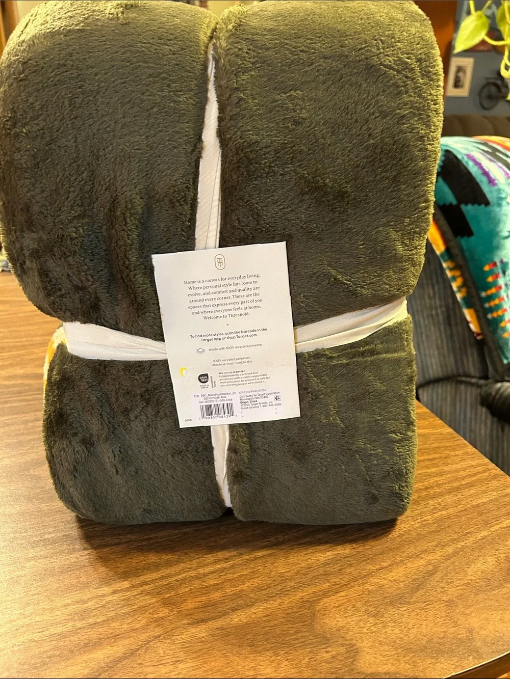 Threshold Microplush Blanket in Olive, Navy, Orange, White, and Gold Stripes